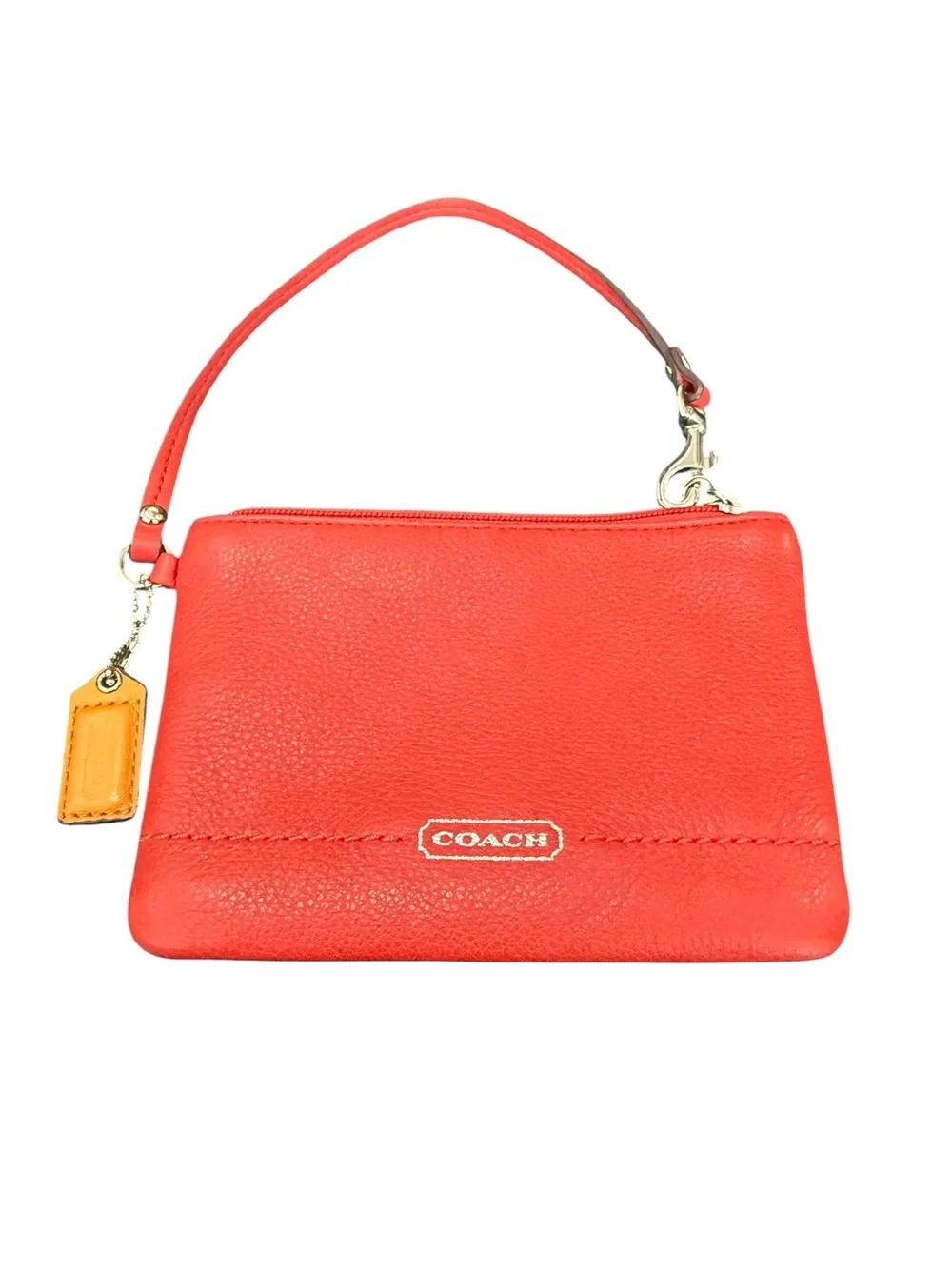 Coach Coral-Red Leather Wristlet with Logo Tag
